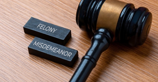 judge's gavel next to wooden blocks labeled felony and misdemeanor