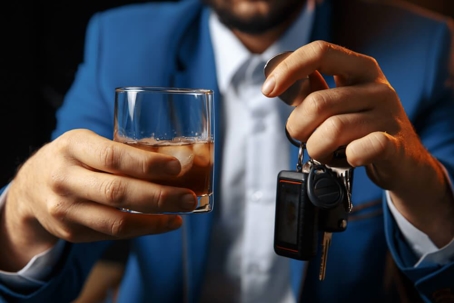 Man holding drink in one hand and car keys in the other.